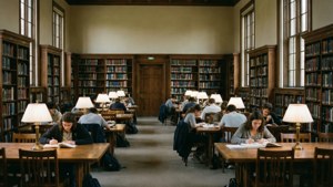 Interiør af Harvard Business School Baker Library med mahognihylder, læselamper og studerende, der læser.