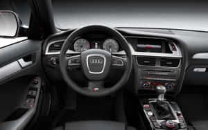 Svart läder Audi bil interiör med digital instrumentbräda och manuell växelspak. — Bil Interiör bilder Bakgrundsbilder