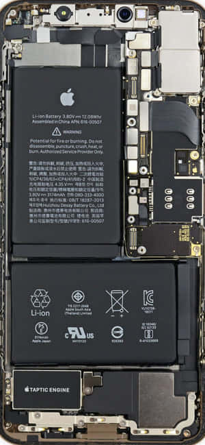 Isärtagen smartphone som visar batterikretsar och taptic engine-komponenter. — iPhone Xs dator bakgrund Bakgrunder