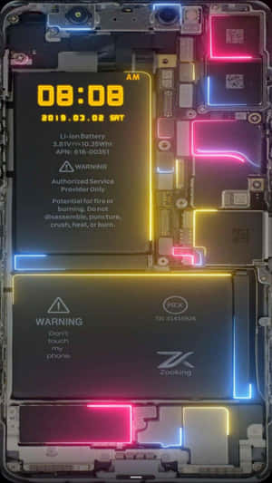 Neon-lit exposed smartphone internals showing battery and circuitry with warning labels.