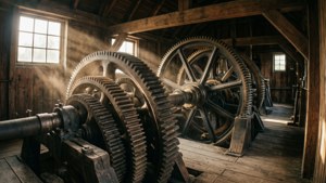 Une vue intérieure d'un moulin à vent historique de Schiedam avec des engrenages en bois.