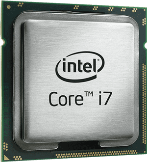Intel Core i7-Prozessor mit gebürsteter Metalloberseite und Goldpins auf grüner Platine. — Intel Wallpaper