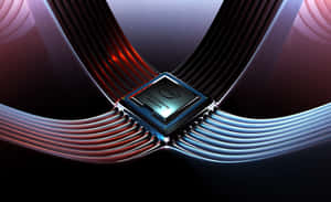 CPU Intel luminosa circondata da strisce di luce rosse e blu fluide.