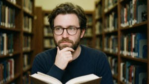Darren Barnet em uma biblioteca com óculos, retratando um visual intelectual.