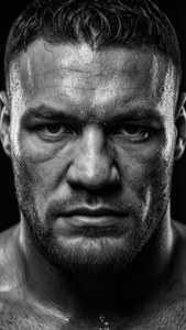 A dramatic close-up of Tyson Fury with a serious stare and sweat on his face. — Tyson Fury Wallpaper