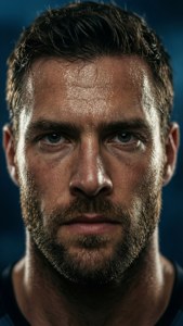 Et nærbillede portræt, der fanger Marcus Sasser's beslutsomhed og fokus.