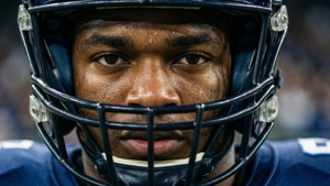 Close-up of Courtland Sutton’s determined face during a critical play, sweat and grit in focus.