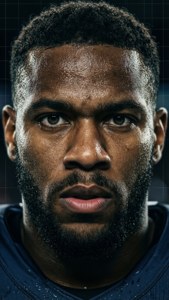 A dramatic close-up portrait highlighting Derrick Henry's fierce determination.