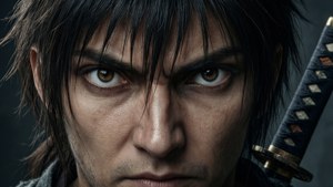 Lo sguardo penetrante di Mirai Sarutobi, pronto al combattimento.