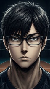 Close-up portrait of Kei Tsukishima with a serious look.