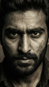 Um impressionante close-up em preto e branco de Anjaan com sombras dramáticas