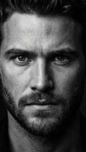 Sort/hvid nærbillede af Glen Powell med intens øjenkontakt, dramatiske skygger.