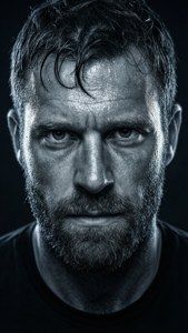 Intensives Nahaufnahme-Porträt von Rob Dillingham mit Schweiß und dramatischer Beleuchtung.