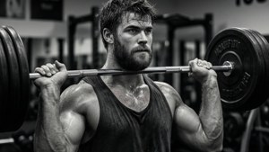 Liam Hemsworth hebt Gewichte in einer Schwarz-Weiß-Fitnessstudio-Szene.