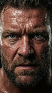 Close-up wajah Paul Orndorff yang menunjukkan tekad.