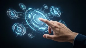 Eine Hand interagiert mit einer holografischen digitalen Schnittstelle
