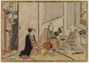 Interior Scene by Katsukawa Shunsho, created c. 1746–92, in color woodblock print. Download this artwork as a high-resolution wallpaper for desktop, tablet, or — Katsukawa Shunsho Wallpaper