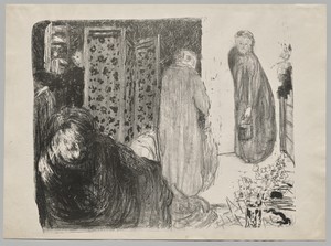 Interior with a Screen by Edouard Vuillard, created c. 1893, in lithograph on buff wove paper. Download this artwork as a high-resolution wallpaper for desktop, — Edouard Vuillard Wallpaper