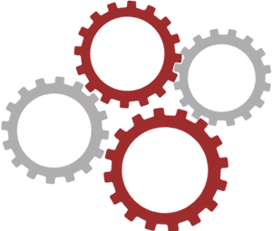 Vier ineinandergreifende rote und graue Zahnräder auf schwarzem Hintergrund — Gears Wallpaper