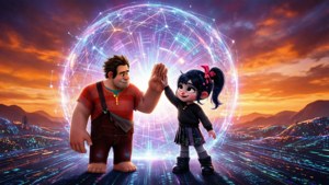 Ralph og Vanellope fejrer deres venskab foran internetportalen.