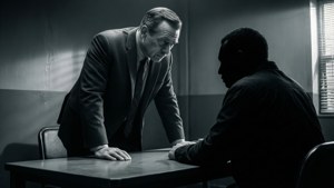 Commissaris Gordon in een verhoorkamer, intens moment met verdachte.