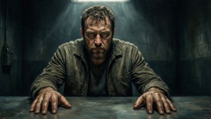 Reznov desafiante durante interrogatório sob luzes fortes.