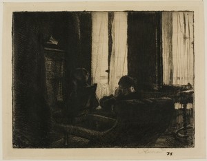 Intimacy by Albert Besnard, created 1889, in Etching on cream laid paper. Download this artwork as a high-resolution wallpaper for desktop, tablet, or mobile. — Illustration Wallpaper