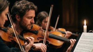Uno sfondo ravvicinato di musicisti in una camera illuminata da candele, che cattura il romanticismo e la concentrazione del mondo concertistico di Charles Nicolas Varin.