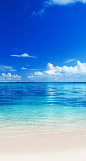 Tropical beach with clear blue water and white sand under a bright sky.