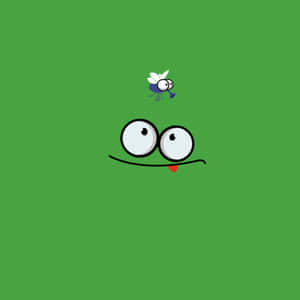 A cartoon frog with big eyes and red tongue trying to catch a blue fly. — iPad 2 Background