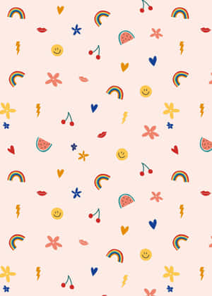 Pastel wallpaper with scattered rainbow cherries watermelon and smiley faces.