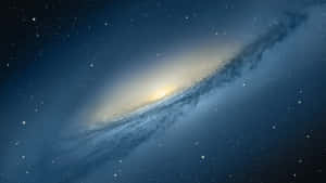 Spiral galaxy with glowing core and blue arms in starry space.