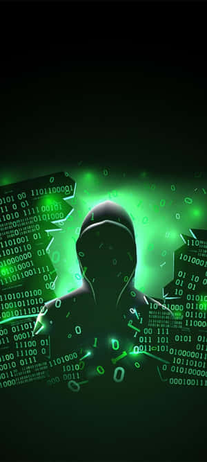 Silhuett av en huvförsedd hacker omgiven av glödande grön binär kod. — iPhone X Konstig Brigad Bakgrund Bakgrunder