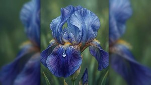 Una carta da parati di un fiore di iris blu di Madeleine Françoise Basseporte, con gocce di rugiada e uno sfondo verde.