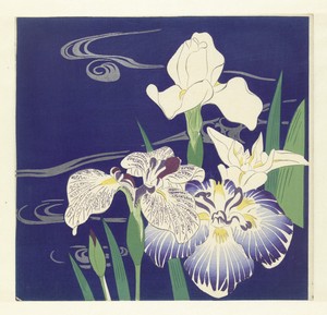 Irises by Tsukioka Kôgyo, created 1890 - 1900, in paper; zilverpoeder; color woodcut. Download this artwork as a high-resolution wallpaper for desktop, tablet, — Tsukioka Kôgyo Wallpaper