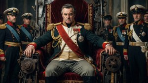 Prinz Eugen på en trone av skipsdeler med en kommanderende tilstedeværelse
