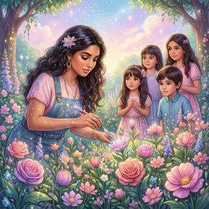 Isabela bruker blomsterkraften sin mens familien beundrer.