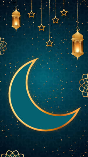 Leuchtender goldener Halbmond und Laternen vor einem sternenklaren blauen Nachthimmel mit dekorativen Mustern. — HD Islamisch Wallpaper