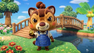 Tom Nook admirando un nuevo puente en una isla soleada de Animal Crossing