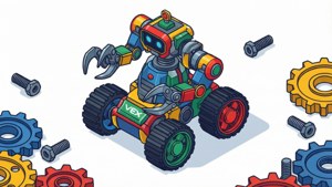Värikäs isometrinen vektoritaide VEX-robotista valkoisella taustalla