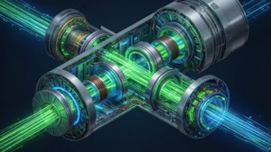 En ren isometrisk 3D-illustration af et partikelaccelerator-interiør