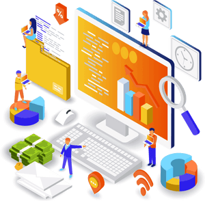 Tiny people working with large computer screens showing financial data and charts.