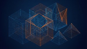 Uno sfondo astratto con linee punteggiate che formano forme geometriche isometriche come cubi e piramidi in blu e arancione.