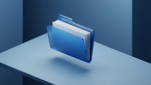 Svevende blått digitalt mappeikon på en minimalistisk overflate.