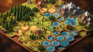 Grade isométrica Overworld de um jogo de estratégia com terrenos e unidades.