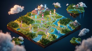 A vibrant 3D isometric roadmap with floating milestones