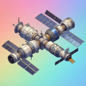 Wallpaper render 3D isometrik Skylab dengan latar pastel, gaya cerah dan modern.