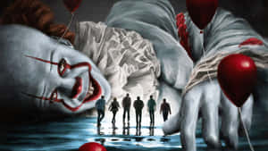 Five people walk toward a giant clown face emerging from water holding red balloons. — It 2017 Picture