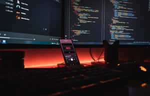 Dark tech workspace with monitors showing code and a phone playing music under red glow. — It Computer Picture