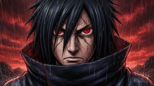 Itachi Uchiha with glowing red Sharingan eyes in the rain.